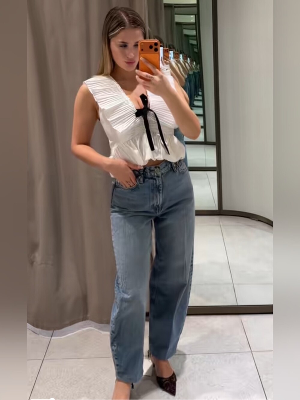 ZARA PLEATED RUFFLE BOW TOP - Picture 2 of 9